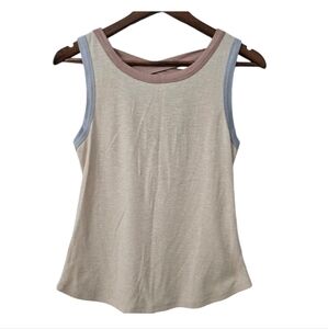 Hem & Thread Beige tank top with blue & pink ringers & strappy back SZ S NWT